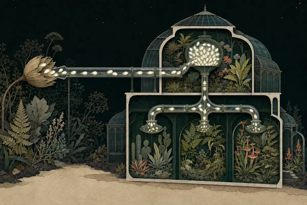 A cutaway conservatory shows glowing capsules routed into separate plant rooms.